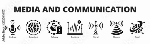 Foto Concept of media and communication banner vector icon in glyph style with icon o