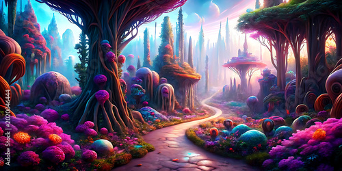 Ethereal forest path with glowing plants and surreal trees fantasy magical vector illustration