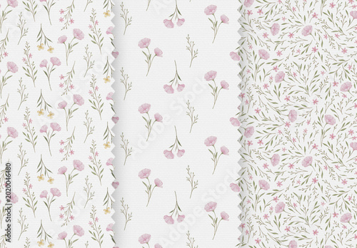 Watercolor seamless floral pattern set with pink meadow flowers and botanical elements for fabric and wallpaper