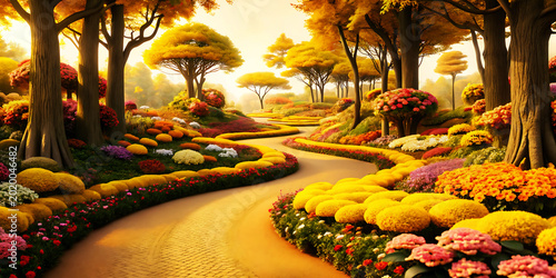 Enchanting autumn garden path lined with vibrant flowers and trees image photo vector illustration