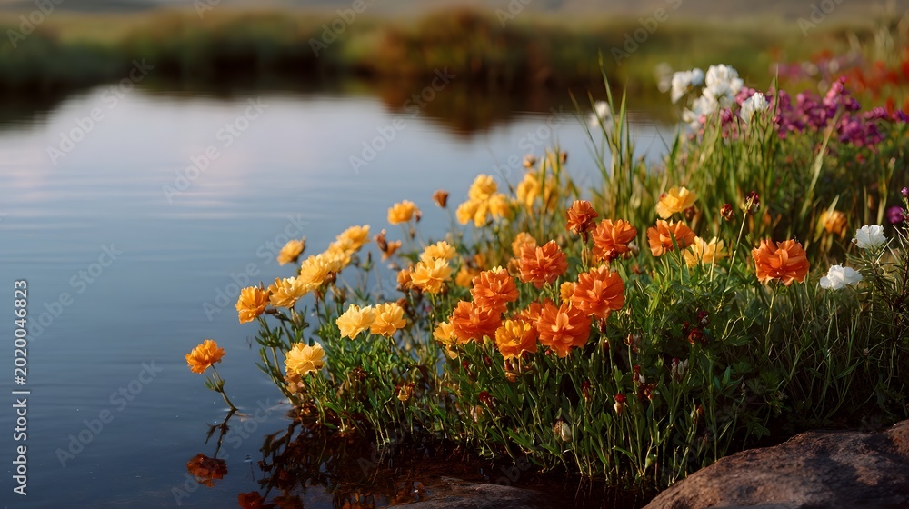 Fototapeta premium Vibrant wildflowers blooming along a tranquil pond bank reflecting the soft light of the late afternoon