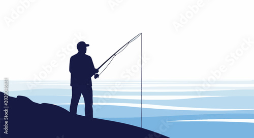 Lone figure casts fishing line into calm, blue waters under bright sky