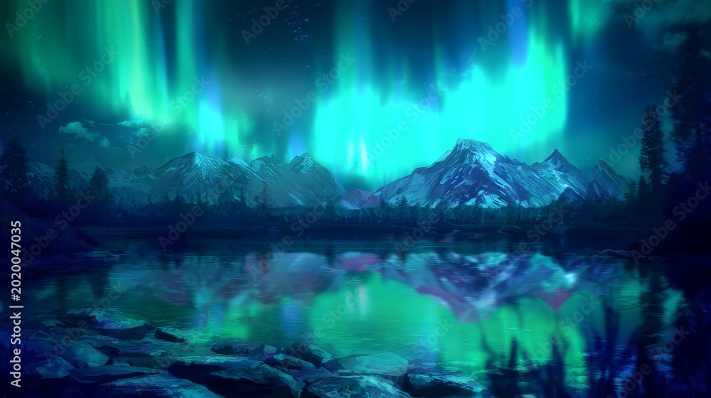 Fototapeta premium Realistic Aurora Borealis Landscape with Emerald Light Ribbons over Reflective Lake, Icy Peaks, and Textured Stone Foreground
