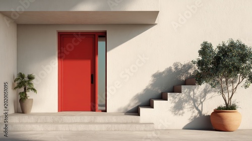 Contemporary home entry with red door and minimalist stair plant decor