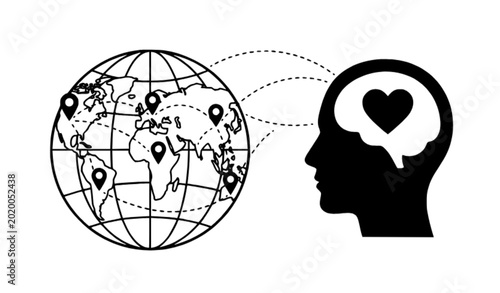 Mental wellness and global communication vector illustration with connected globe and human head heart concept design
