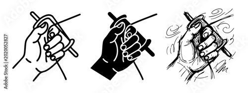 Photos Set of three hand holding a mechanical pencil drawing styles, vector illustratio