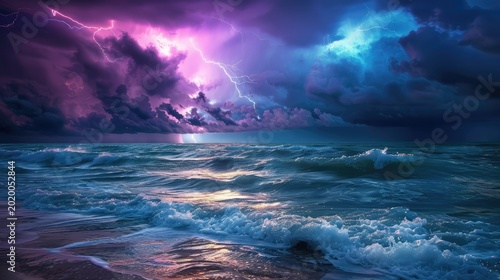 Dramatic Seascape with Lightning Strikes Illuminating Dark Stormy Clouds and Reflective Waves at Twilight