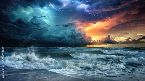 Dramatic Sunset Over Ocean with Lightning and Storm Clouds Creating a Vivid, Intense Seascape Experience