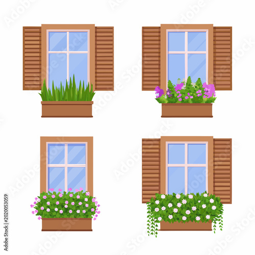 Bild auf Leinwand Four windows with flower boxes and shutters on a white background