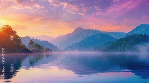 Serene Sunrise Over Calm Lake with Mountains and Colorful Sky Reflections in Tranquil Nature Scene