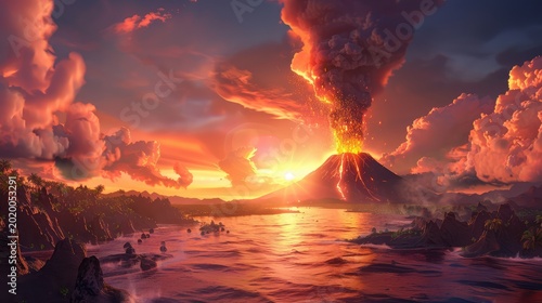 Dramatic Eruption of a Volcano at Sunset with Fiery Lava and Colorful Sky Over Calm Waters