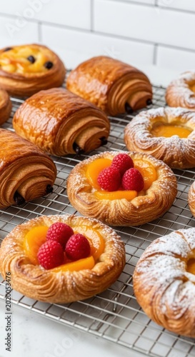 Freshly baked pastries, sweet danish, fruit tarts, breakfast treats