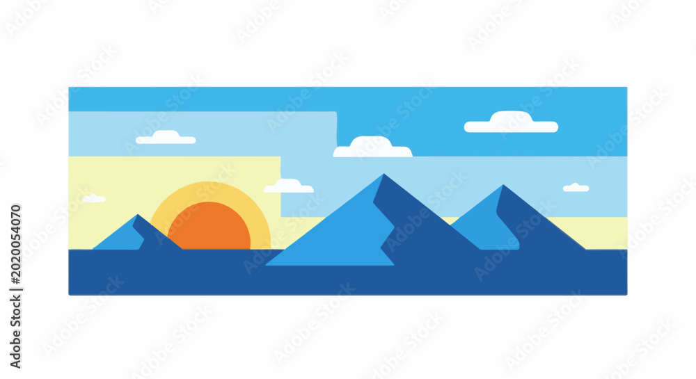 Obraz premium Minimalist landscape with rising sun over pyramid-like mountains under blue sky