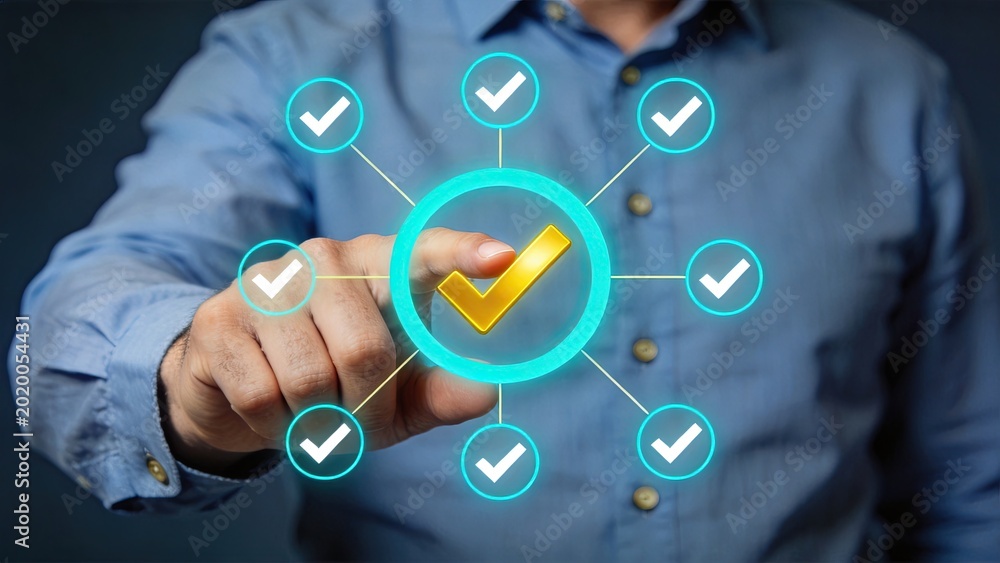 Fototapeta premium Hand pressing a glowing golden checkmark button surrounded by smaller verification ticks, representing approval, success, quality assurance, and task completion in a digital