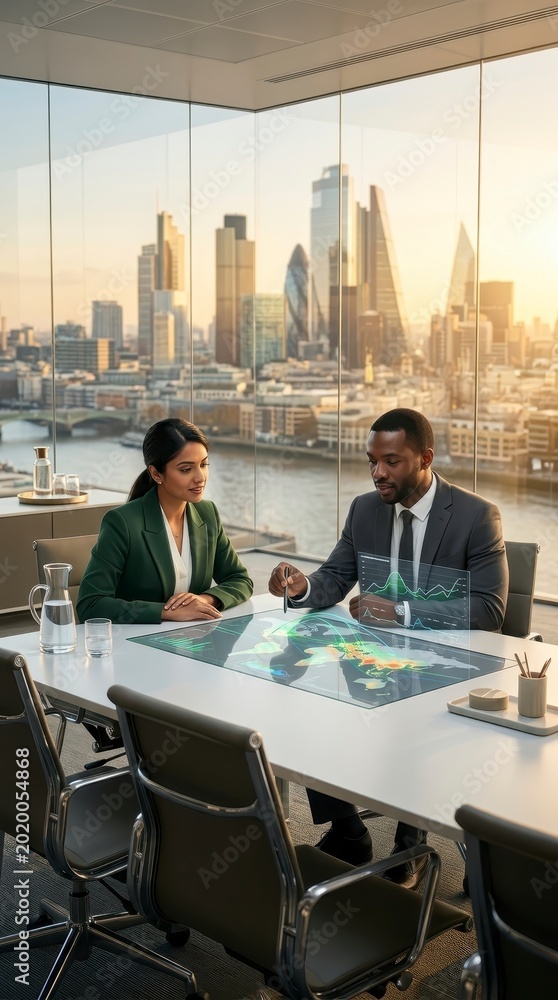 Fototapeta premium Global business meeting with interactive holographic display