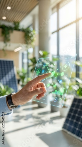 Hand touching holographic display for green energy management