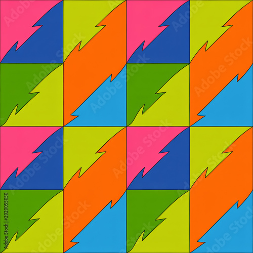 Vibrant Geometric Pattern with Colorful Lightning Bolt Shapes in a Seamless Grid