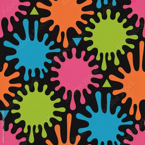 Seamless colorful paint splash pattern with vibrant blobs on black