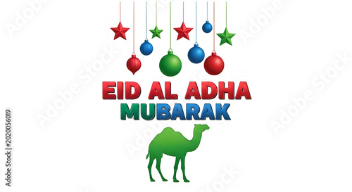 Eid Al Adha Mubarak celebration with colorful ornaments and camel isolated transparent background