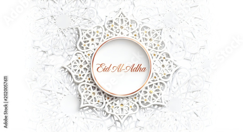 Eid AlAdha celebration design with intricate white patterns and golden text transparent background