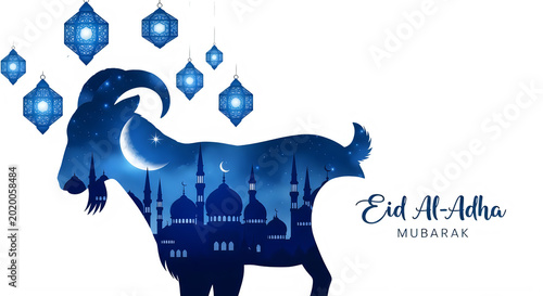 Eid AlAdha celebration with goat silhouette mosques and glowing lanterns isolated on transparent background transparent background