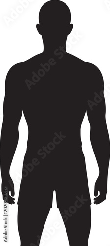 A black silhouette of a muscular man with defined physique, standing upright against a plain white background, in a flat vector style.