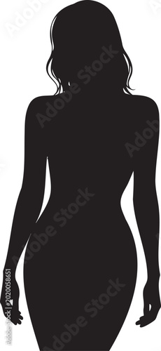 A black silhouette of a woman wearing a fitted dress, standing upright with arms relaxed at her sides, on a white background.