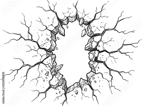 Hand-drawn illustration depicting a crumbling wall with a gaping void and widespread radiating cracks, 