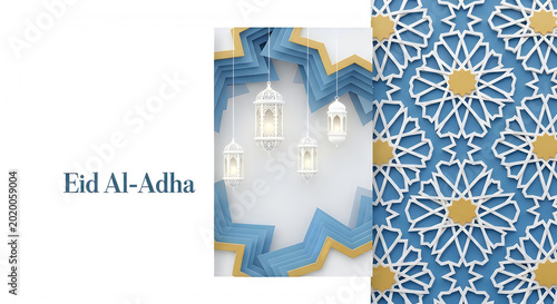 Eid AlAdha celebration with intricate blue gold patterns and hanging lanterns transparent background