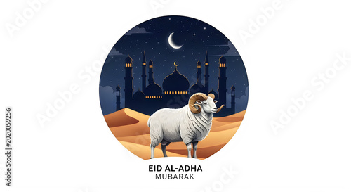 Eid AlAdha celebration with ram standing before mosque under moonlit sky transparent background