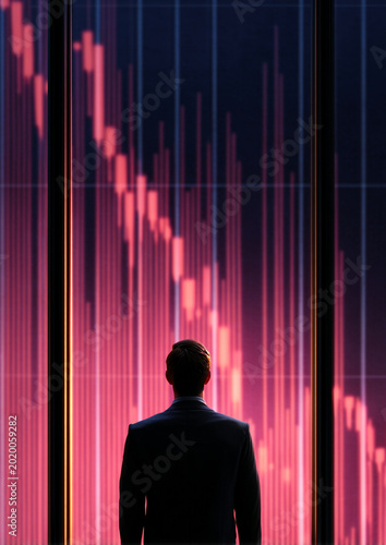 Silhouette of Businessman Analyzing Red Stock Market Graph in Dark Office Environment Indicating Financial Crisis and Economic Downturn