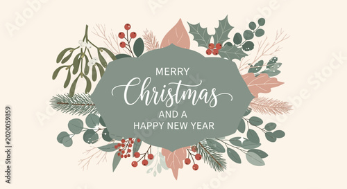 Merry Christmas and Happy New Year festive greeting card with floral design.