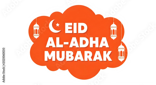 Eid AlAdha Mubarak greeting card with orange cloud lanterns moon star isolated transparent background