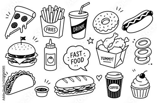 set of  street food and Fast food doodle line art vector illustration