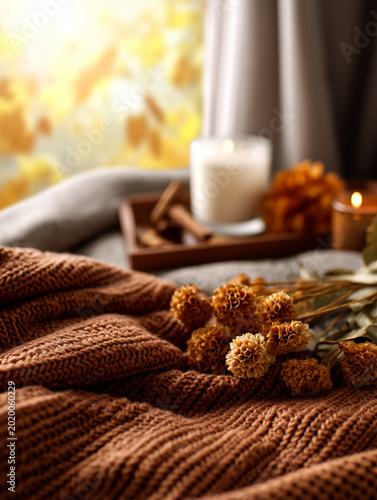 Cozy Autumn Interior with Brown Knit Blanket, Dried Flowers, and Candlelight for Warm Seasonal Decor