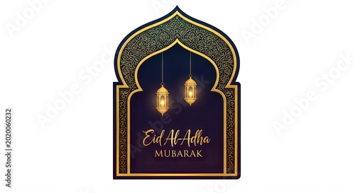 Eid AlAdha Mubarak greeting card with ornate arch lanterns and gold details transparent background
