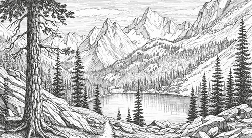 Serene mountain landscape with lake and trees.