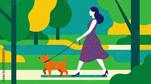A woman walking a dog in a park