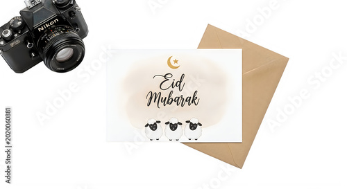 Eid Mubarak greeting card with sheep and camera isolated on transparent background transparent background
