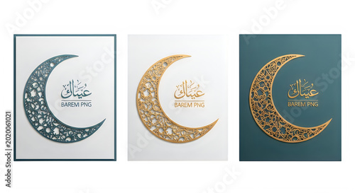 Eid Mubarak greeting cards featuring intricate crescent moon designs in blue gold and teal transparent background