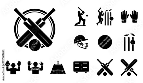 Photography Crossed cricket bat and ball vector icon set