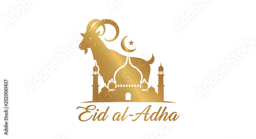 Golden Eid alAdha design featuring goat mosque crescent moon and star transparent background