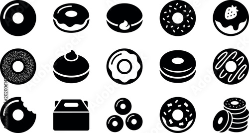 Quadro su tela Black and white donuts and pastries icons collection on white background