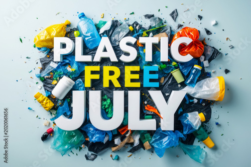 Banner poster card plastic free july concept environmental protection conscious living AI Generative