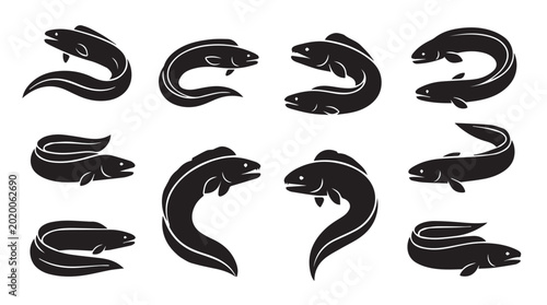Eel silhouettes in various dynamic poses against a white background illustrating aquatic movement and marine life concepts