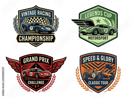 Collection of retro racing championship emblems featuring classic sports cars and formula vehicles, perfect for motorsport events and enthusiasts