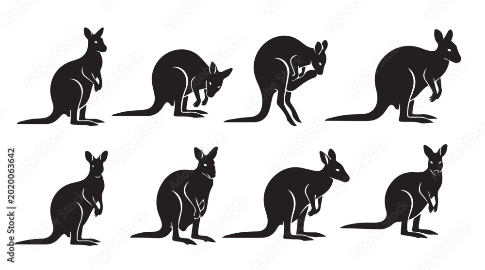Obraz premium Eight Kangaroo Silhouettes in Various Poses Against White Background for Australian Wildlife Concepts