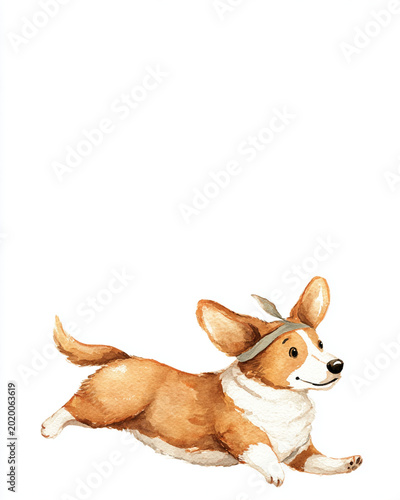 Watercolor Illustration of Happy Corgi with Bandana Leaping Playfully Against White Background