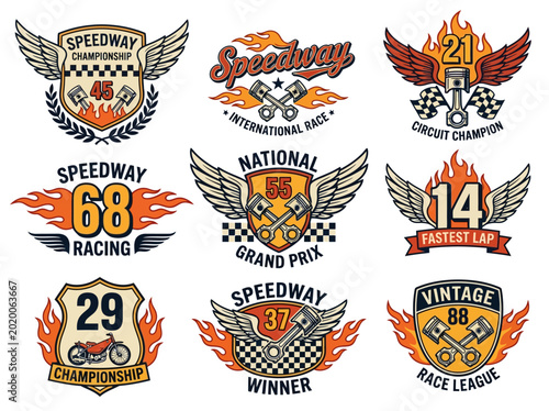 Retro Speedway Championship Graphic Collection Featuring Vintage Motorsport Badges, Racing Event Emblems, and Fiery Illustrations