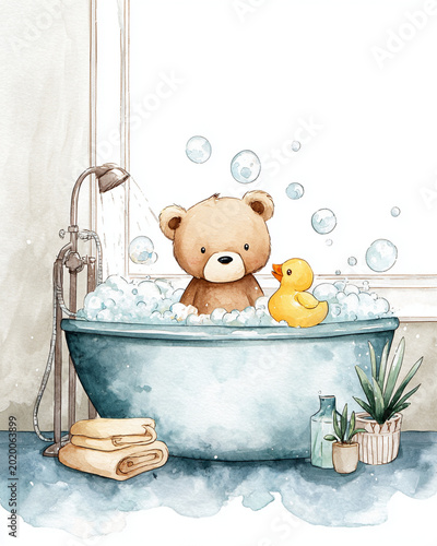 Charming Watercolor Illustration of Teddy Bear in Bathtub with Rubber Duck and Bubbles for Children's Bathroom Decor